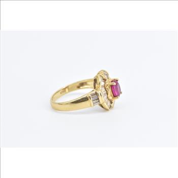 18K 1.80 Ctw Natural Ruby Baguette Diamond Halo Yellow Gold Ring, Size 7