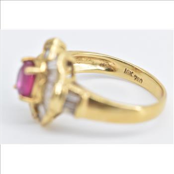 18K 1.80 Ctw Natural Ruby Baguette Diamond Halo Yellow Gold Ring, Size 7