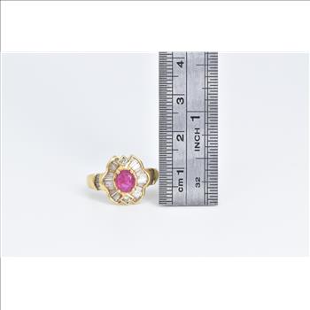 18K 1.80 Ctw Natural Ruby Baguette Diamond Halo Yellow Gold Ring, Size 7