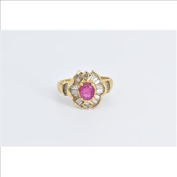 18K 1.80 Ctw Natural Ruby Baguette Diamond Halo Yellow Gold Ring, Size 7