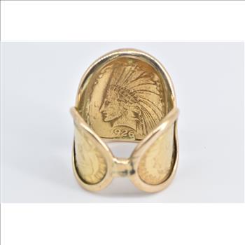 18K 1926 $10 Indian Head Authentic US Peru Coin Yellow Gold Ring, Size 12.5