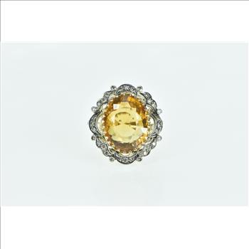 18K 1940's 18.34 Ctw Citrine Diamond Cocktail White Gold Ring, Size 8.75