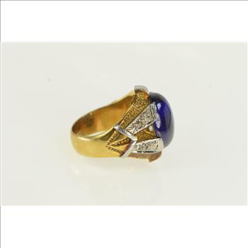 18K 1940's Oval Syn. Sapphire Diamond Yellow Gold Ring, Size 8.75
