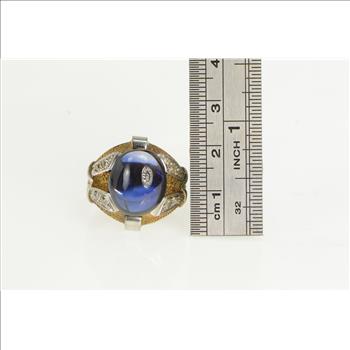 18K 1940's Oval Syn. Sapphire Diamond Yellow Gold Ring, Size 8.75