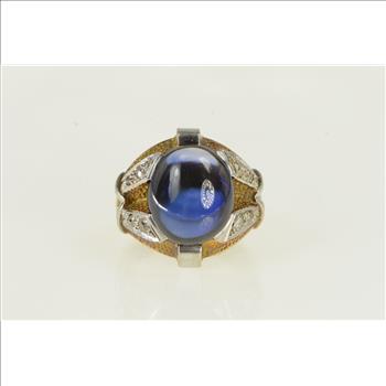 18K 1940's Oval Syn. Sapphire Diamond Yellow Gold Ring, Size 8.75