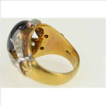 18K 1940's Oval Syn. Sapphire Diamond Yellow Gold Ring, Size 8.75