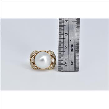 18K 1940's Pearl Natural Diamond Cocktail Yellow Gold Ring, Size 5.5