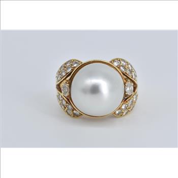 18K 1940's Pearl Natural Diamond Cocktail Yellow Gold Ring, Size 5.5