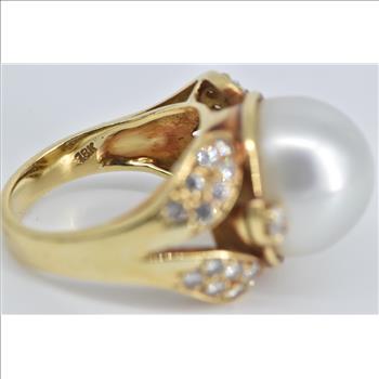 18K 1940's Pearl Natural Diamond Cocktail Yellow Gold Ring, Size 5.5