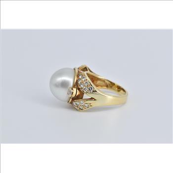 18K 1940's Pearl Natural Diamond Cocktail Yellow Gold Ring, Size 5.5