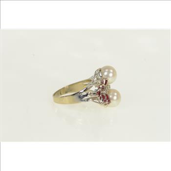 18K 1950's Pearl Diamond Ruby Cluster White Gold Ring, Size 7