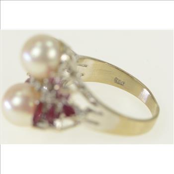 18K 1950's Pearl Diamond Ruby Cluster White Gold Ring, Size 7