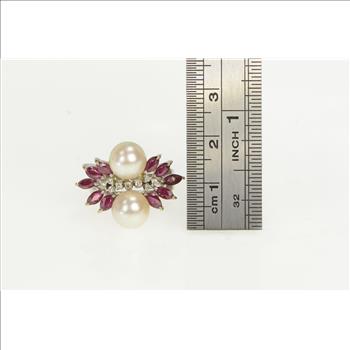 18K 1950's Pearl Diamond Ruby Cluster White Gold Ring, Size 7