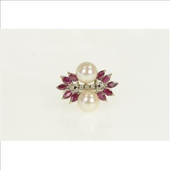 18K 1950's Pearl Diamond Ruby Cluster White Gold Ring, Size 7