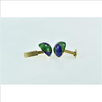 18K 1960's Blue Green Enamel Swirl Domed Men's Yellow Gold Cuff Links