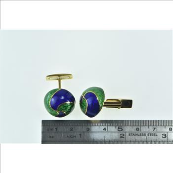 18K 1960's Blue Green Enamel Swirl Domed Men's Yellow Gold Cuff Links
