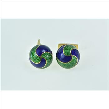 18K 1960's Blue Green Enamel Swirl Domed Men's Yellow Gold Cuff Links