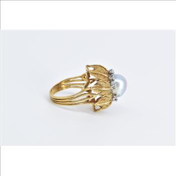 18K 1960's Blue Pearl Diamond Leaf Halo Cocktail Yellow Gold Ring, Size 6.75