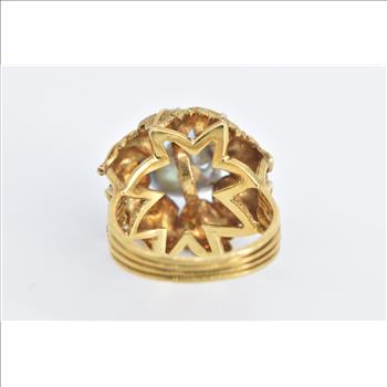 18K 1960's Blue Pearl Diamond Leaf Halo Cocktail Yellow Gold Ring, Size 6.75