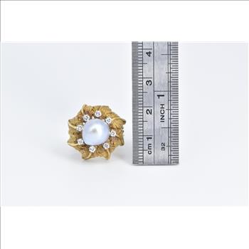 18K 1960's Blue Pearl Diamond Leaf Halo Cocktail Yellow Gold Ring, Size 6.75