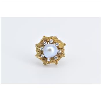 18K 1960's Blue Pearl Diamond Leaf Halo Cocktail Yellow Gold Ring, Size 6.75