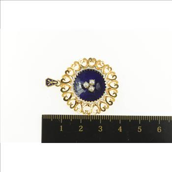 18K 1960's Enamel Pearl Heart Filigree Statement Yellow Gold Charm/Pendant