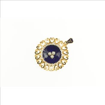 18K 1960's Enamel Pearl Heart Filigree Statement Yellow Gold Charm/Pendant