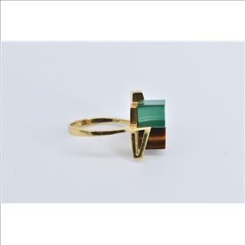 18K 1960's Malachite Tiger's Eye Cube Geometric Yellow Gold Ring, Size 4.5