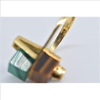 18K 1960's Malachite Tiger's Eye Cube Geometric Yellow Gold Ring, Size 4.5