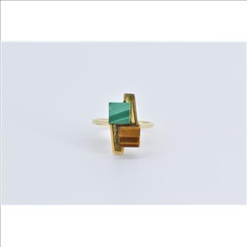 18K 1960's Malachite Tiger's Eye Cube Geometric Yellow Gold Ring, Size 4.5