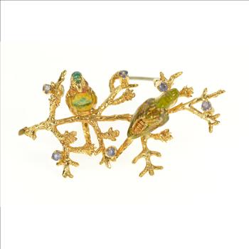 18K 1960's Ornate Enamel Bird Tanzanite Statement Yellow Gold Pin/Brooch