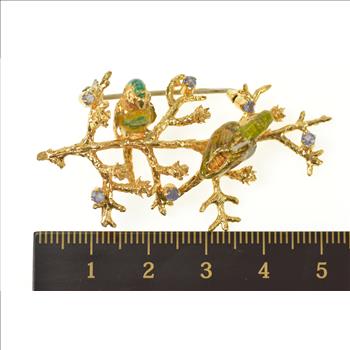 18K 1960's Ornate Enamel Bird Tanzanite Statement Yellow Gold Pin/Brooch