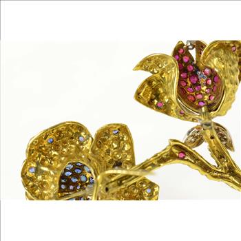 18K 1960's Pave Sapphire Ruby Diamond Flower Yellow Gold Pin/Brooch