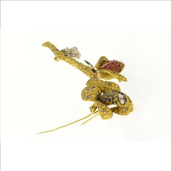 18K 1960's Pave Sapphire Ruby Diamond Flower Yellow Gold Pin/Brooch