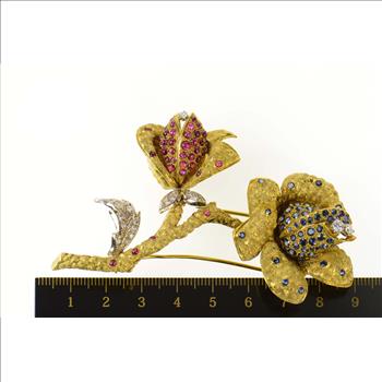 18K 1960's Pave Sapphire Ruby Diamond Flower Yellow Gold Pin/Brooch