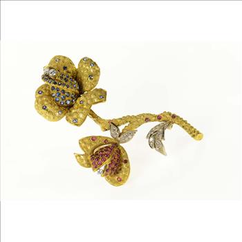 18K 1960's Pave Sapphire Ruby Diamond Flower Yellow Gold Pin/Brooch