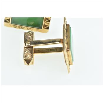 18K 1960's Vintage Green Agate Ornate Men's Yellow Gold Cuff Links
