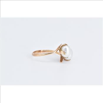 18K 1960's Vintage Pearl Ornate Freeform Bypass Yellow Gold Ring, Size 6