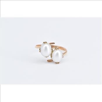 18K 1960's Vintage Pearl Ornate Freeform Bypass Yellow Gold Ring, Size 6