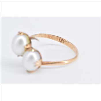 18K 1960's Vintage Pearl Ornate Freeform Bypass Yellow Gold Ring, Size 6