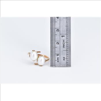 18K 1960's Vintage Pearl Ornate Freeform Bypass Yellow Gold Ring, Size 6