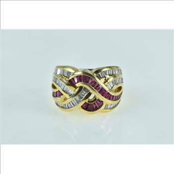 18K 2.50 Ctw Baguette Ruby Diamond Braid Band Yellow Gold Ring, Size 6.75