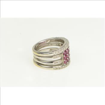 18K 2.50 Ctw Natural Ruby Diamond Cluster Layer White Gold Ring, Size 7.25