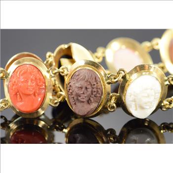 18K 25g Stunning Multi Colored Cameo Link Yellow Gold Bracelet 7.5