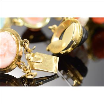 18K 25g Stunning Multi Colored Cameo Link Yellow Gold Bracelet 7.5