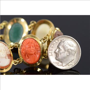 18K 25g Stunning Multi Colored Cameo Link Yellow Gold Bracelet 7.5