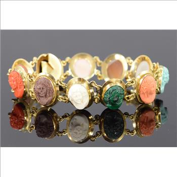 18K 25g Stunning Multi Colored Cameo Link Yellow Gold Bracelet 7.5