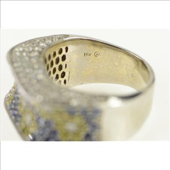 18K 3.00 Ctw Blue Yellow Sapphire Diamond White Gold Ring, Size 10
