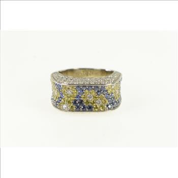 18K 3.00 Ctw Blue Yellow Sapphire Diamond White Gold Ring, Size 10