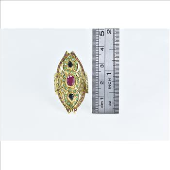 18K 3.39 Ctw Ruby Sapphire Emerald Encrusted Yellow Gold Ring, Size 8.75